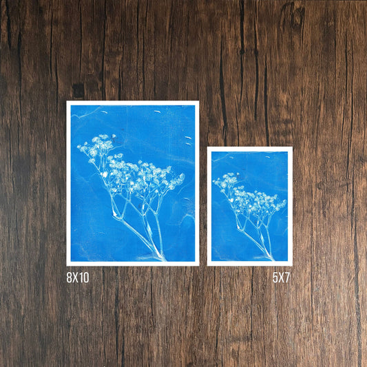 Blue Floral Prints on Wooden Background, 8x10 and 5x7