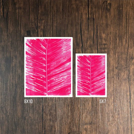 Magenta leaf print on wooden background, 8x10 and 5x7