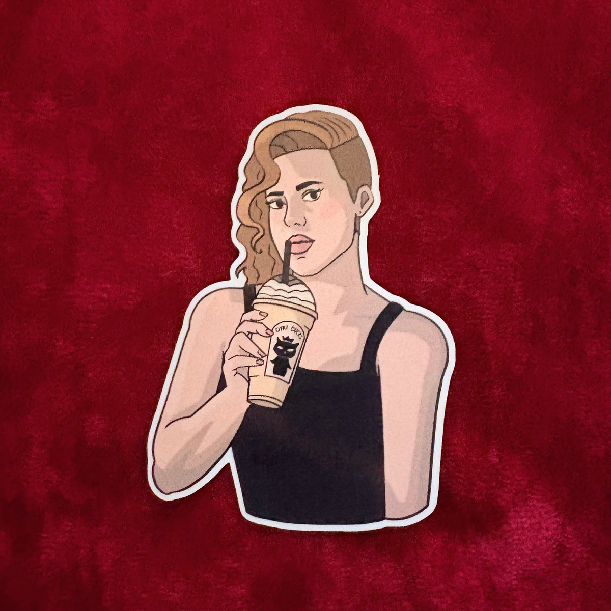 Sticker of woman holding vanilla milkshake with queer coffee shop name
red background