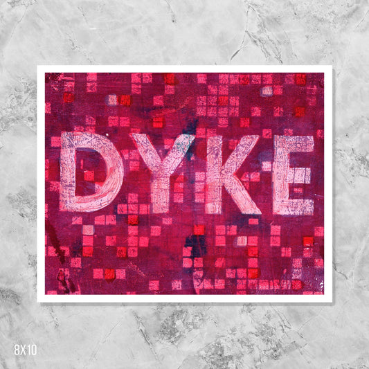 Poster with 'DYKE' text on a pink mosaic pattern against a marble background