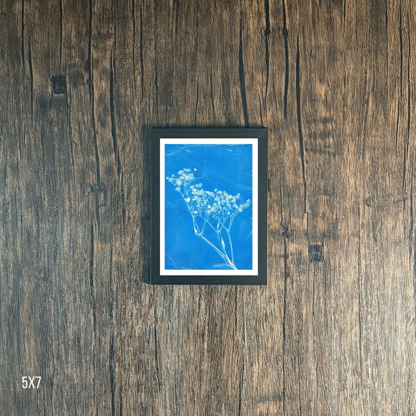 Framed Blue Floral Print on Wooden Background, 5x7