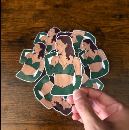Picture of stickers of woman biting glove