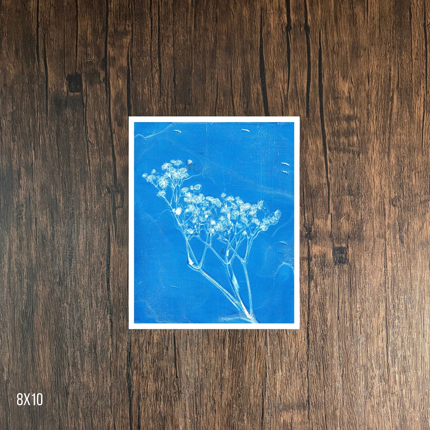 Blue Floral Print on Wooden Background