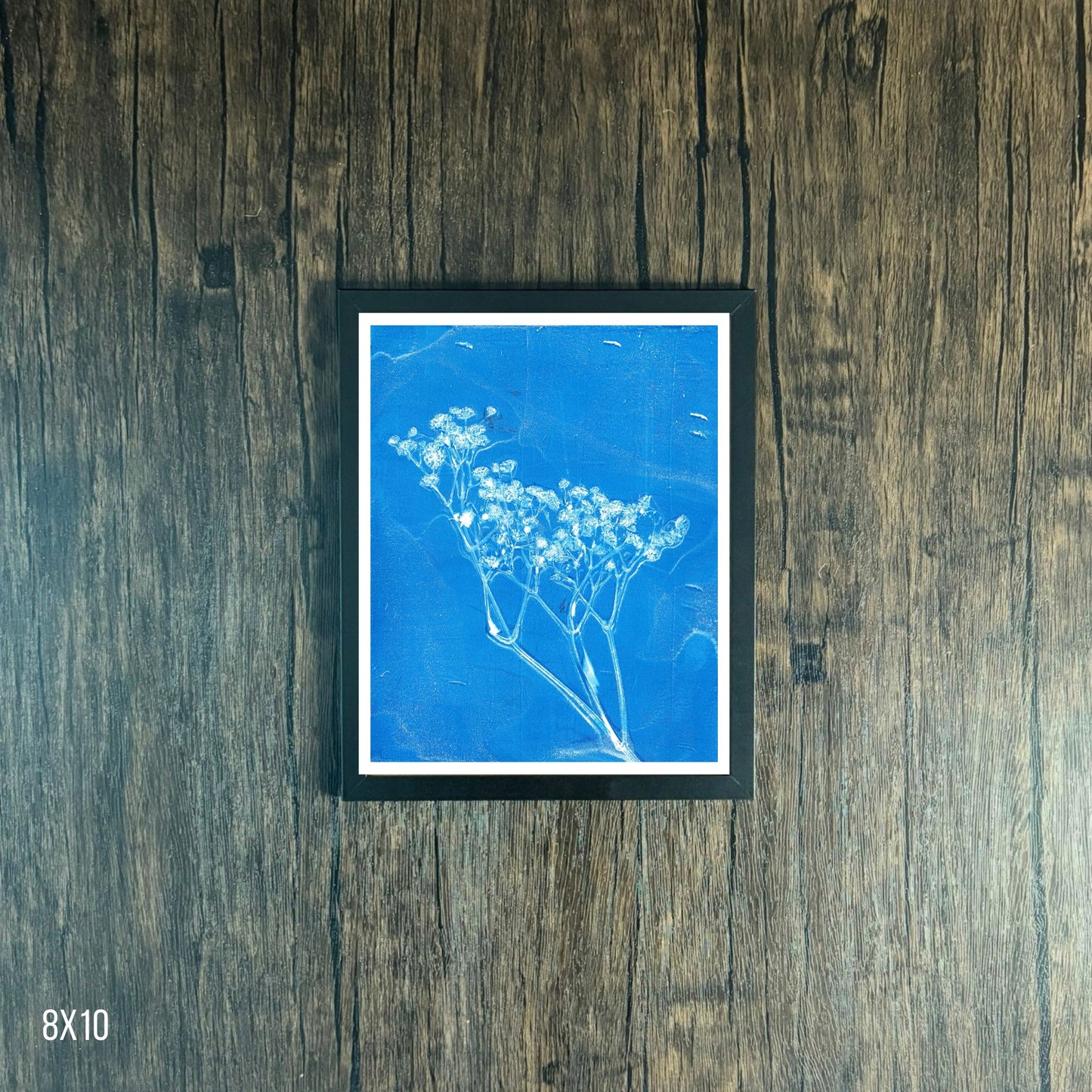 Framed Blue Floral Print on Wooden Background, 8x10