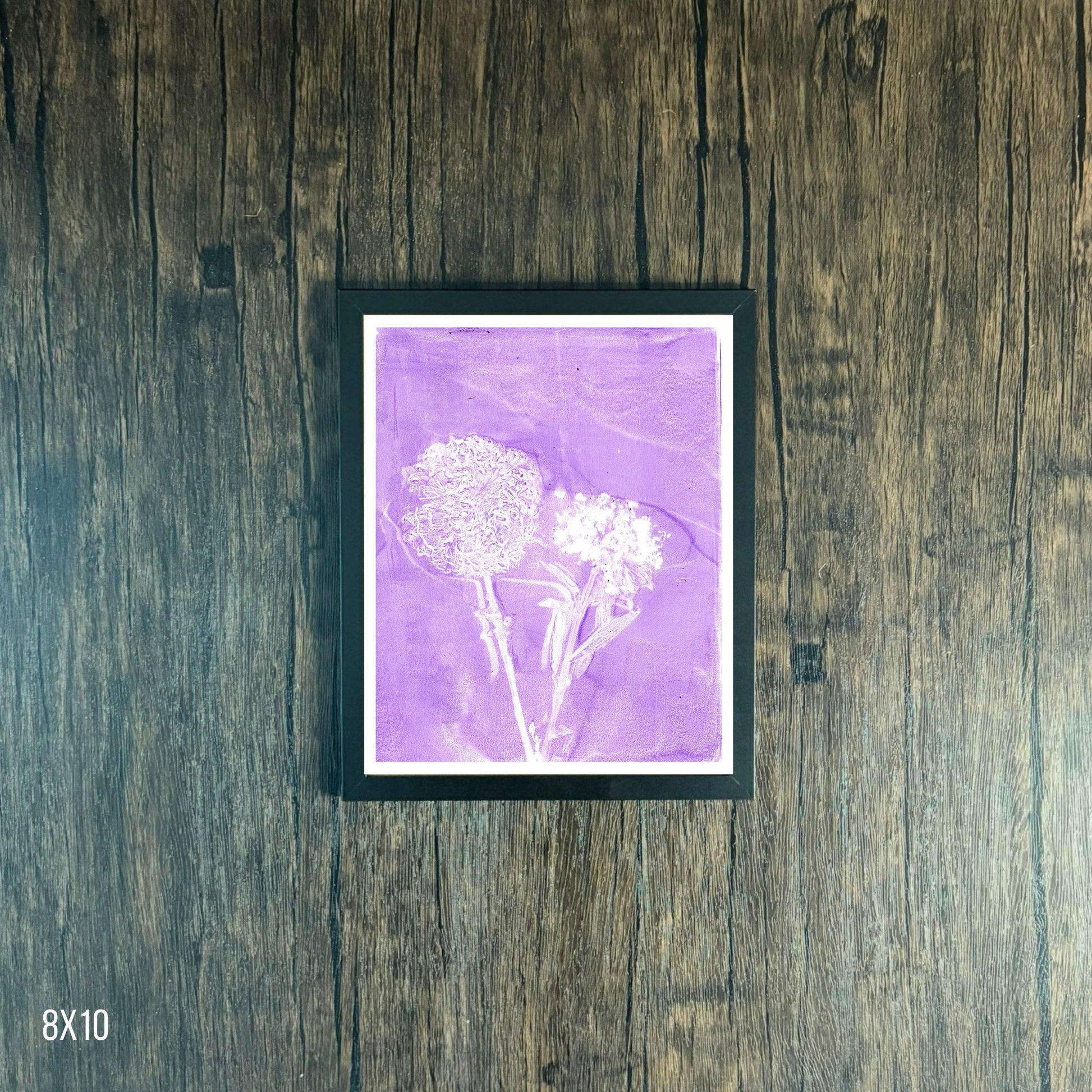 Framed Purple Wildflower Print on Wooden Background 8x10