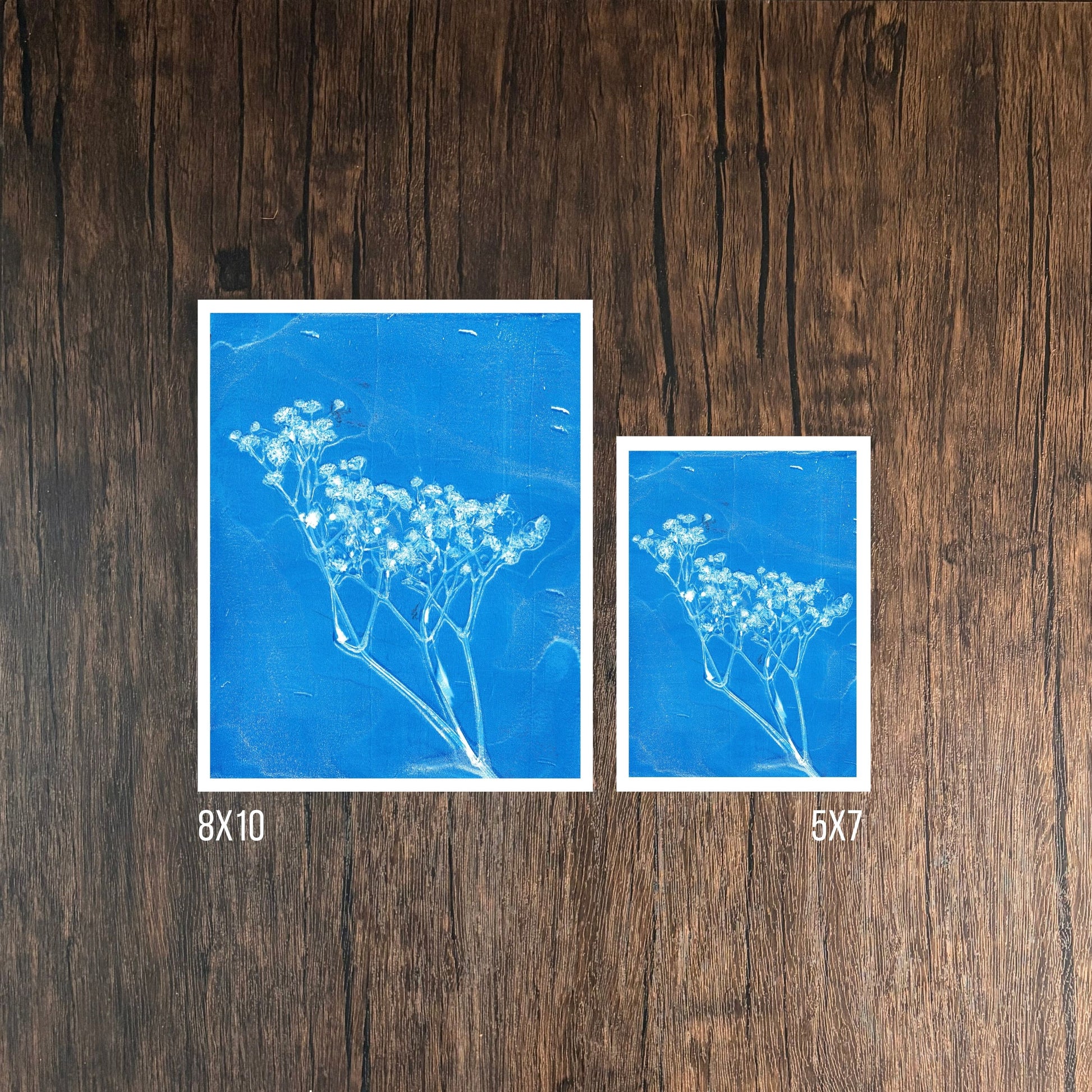 Blue Floral Prints on Wooden Background, 8x10 and 5x7