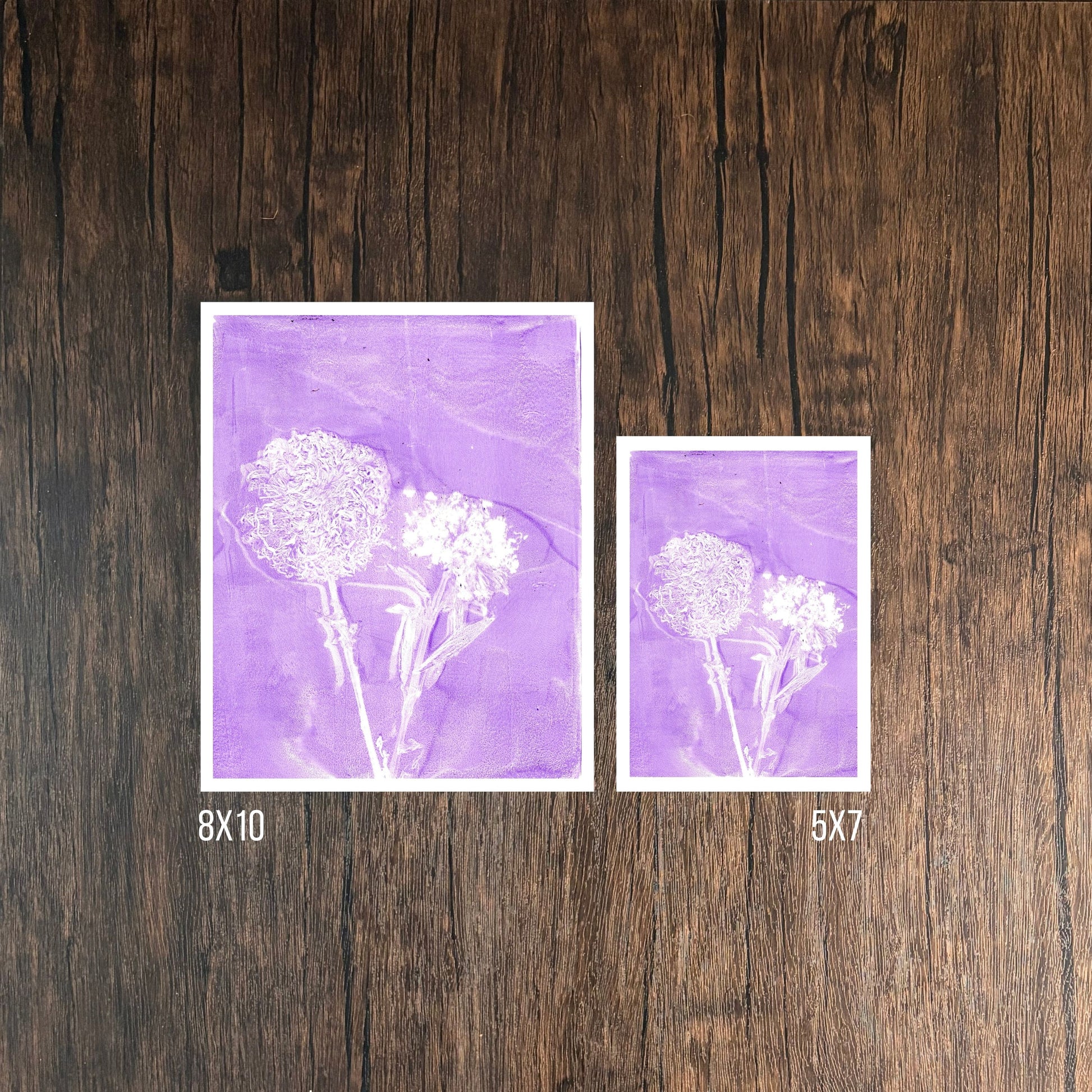 Purple Wildflower Prints on Wooden Background 8x10 and 5x7