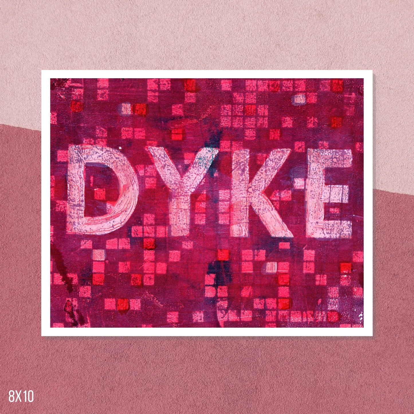 Poster with 'DYKE' text on a pink mosaic pattern against a pink background