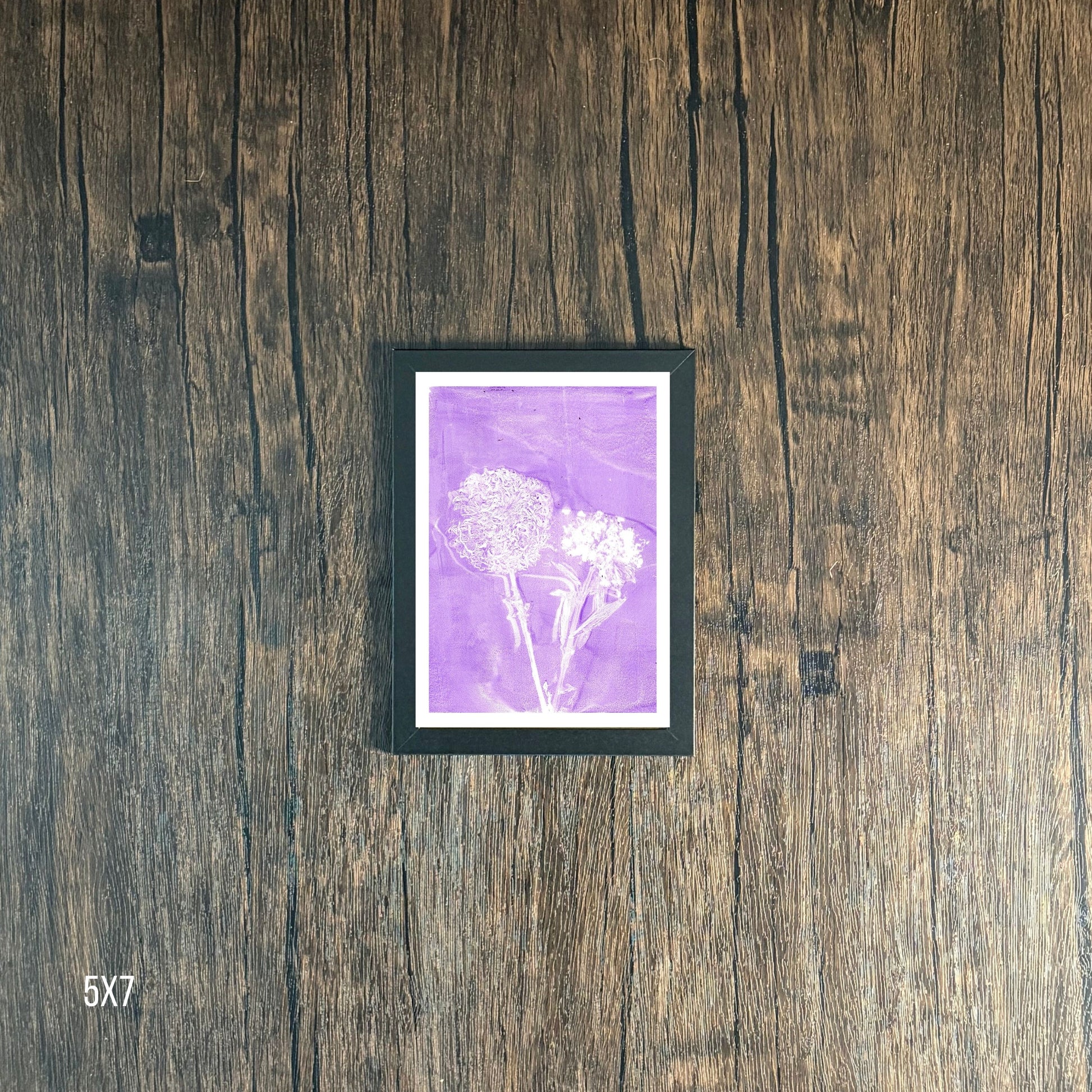 Framed Purple Wildflower Print on Wooden Background 5x7