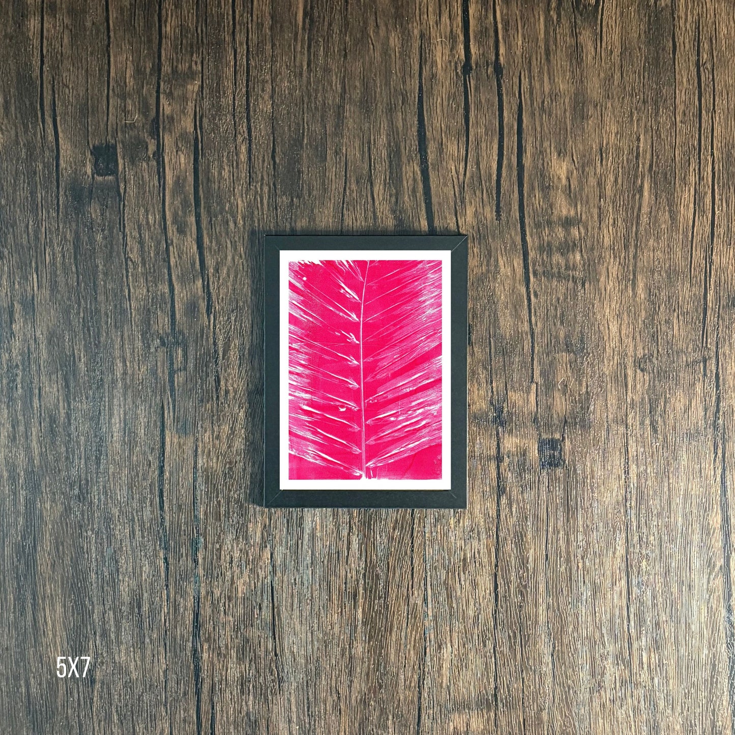  Framed Magenta leaf print on wooden background, 5x7