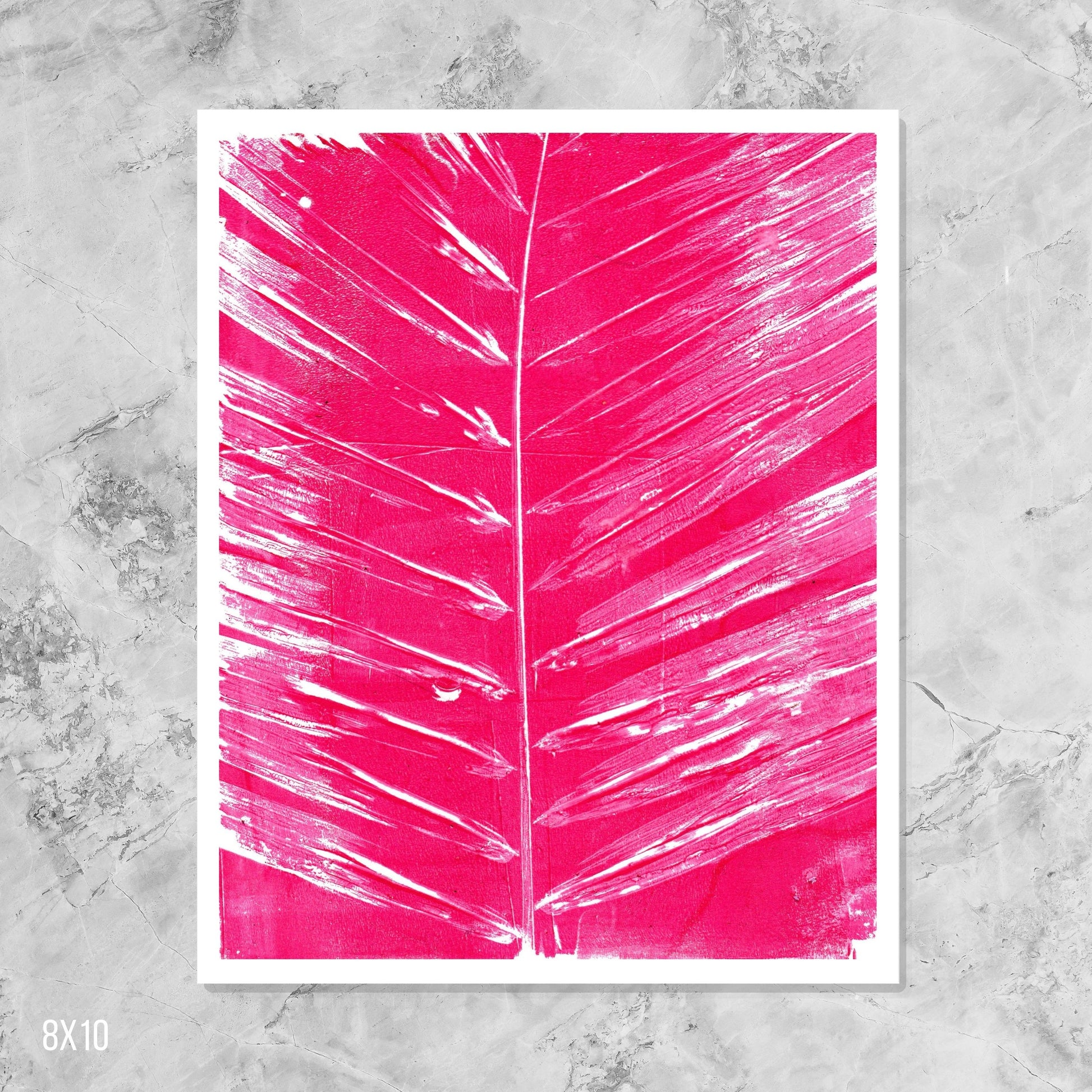 Magenta leaf print on marble background, 8x10