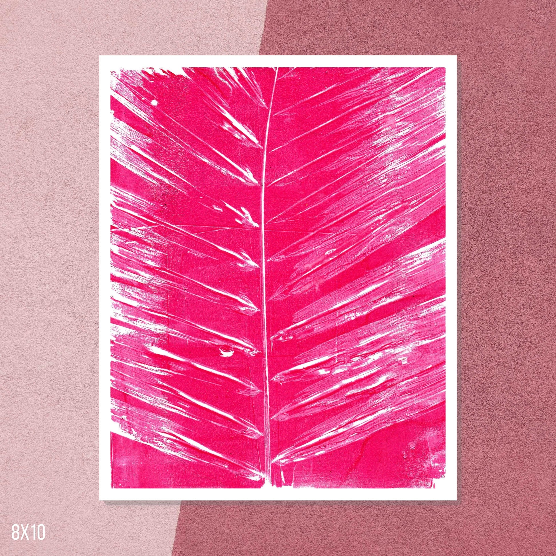Magenta leaf print on pink background, 8x10