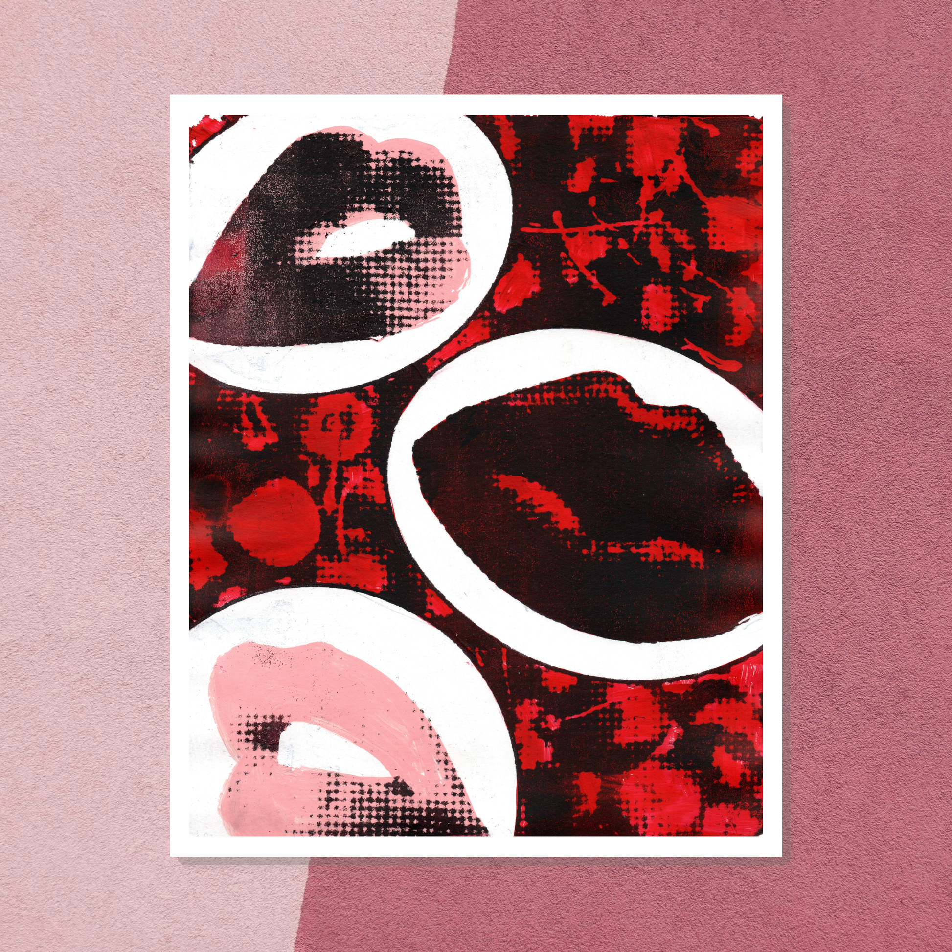 Poster with red and black abstract design of lips and cherries on a pink surface
