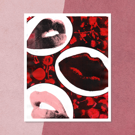 Poster with red and black abstract design of lips and cherries on a pink surface