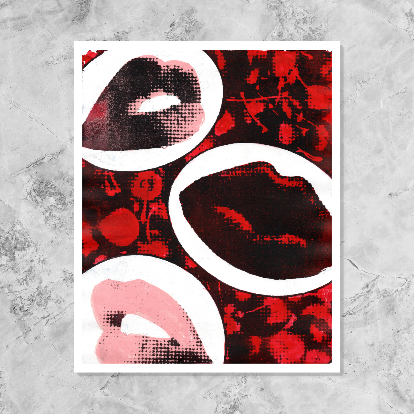 Poster with red and black abstract design of lips and cherries on a marble surface
