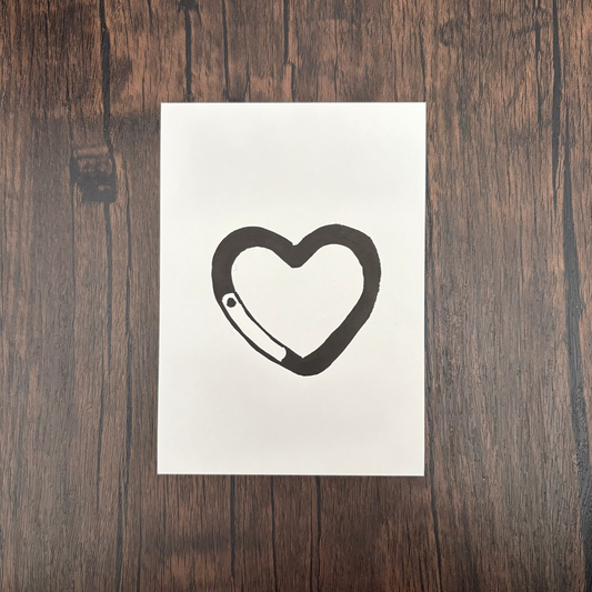 Heart Carabiner Linocut Print 5x7 on brown background